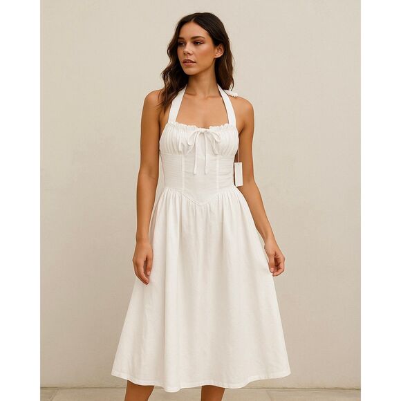 Line & Dot White Halter Midi Dress Smocked Bodice Open Back Size S NWOT - Picture 1 of 5